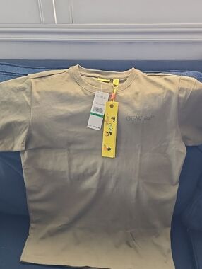Off-White Kids Short Sleeve Tee in Olive Green with Chest And Back Logo
